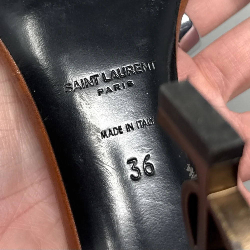 Saint Laurent Opyum 85 Leather YSL Cassandre Monogram Metal Heel Sandal Brown 36 - Picture 13 of 16